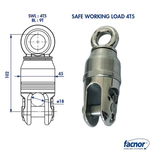 [F-ATS-43499004540] Facnor Emerillon de drisse anti-torsion - 4.5T